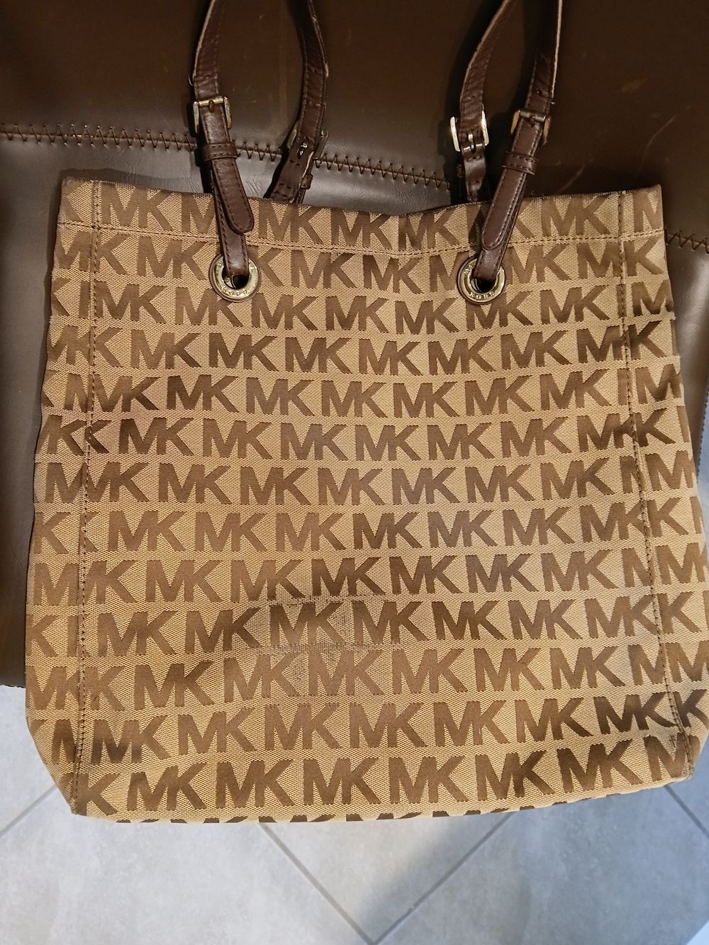 Michael Kors Tan/Brown MK Logo Canvas Messenger Tote